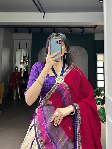 Purple and Cream Tasar Silk Tie-Dye Print Lehenga Choli with matching Dupatta