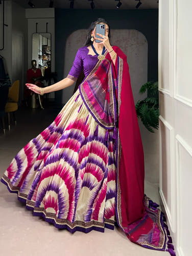 Purple and Cream Tasar Silk Tie-Dye Print Lehenga Choli with matching Dupatta
