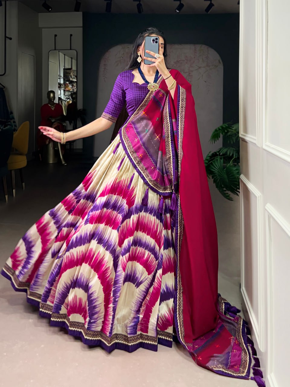 Purple and Cream Tasar Silk Tie-Dye Print Lehenga Choli with matching Dupatta