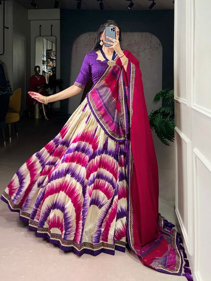 Purple and Cream Tasar Silk Tie-Dye Print Lehenga Choli with matching Dupatta