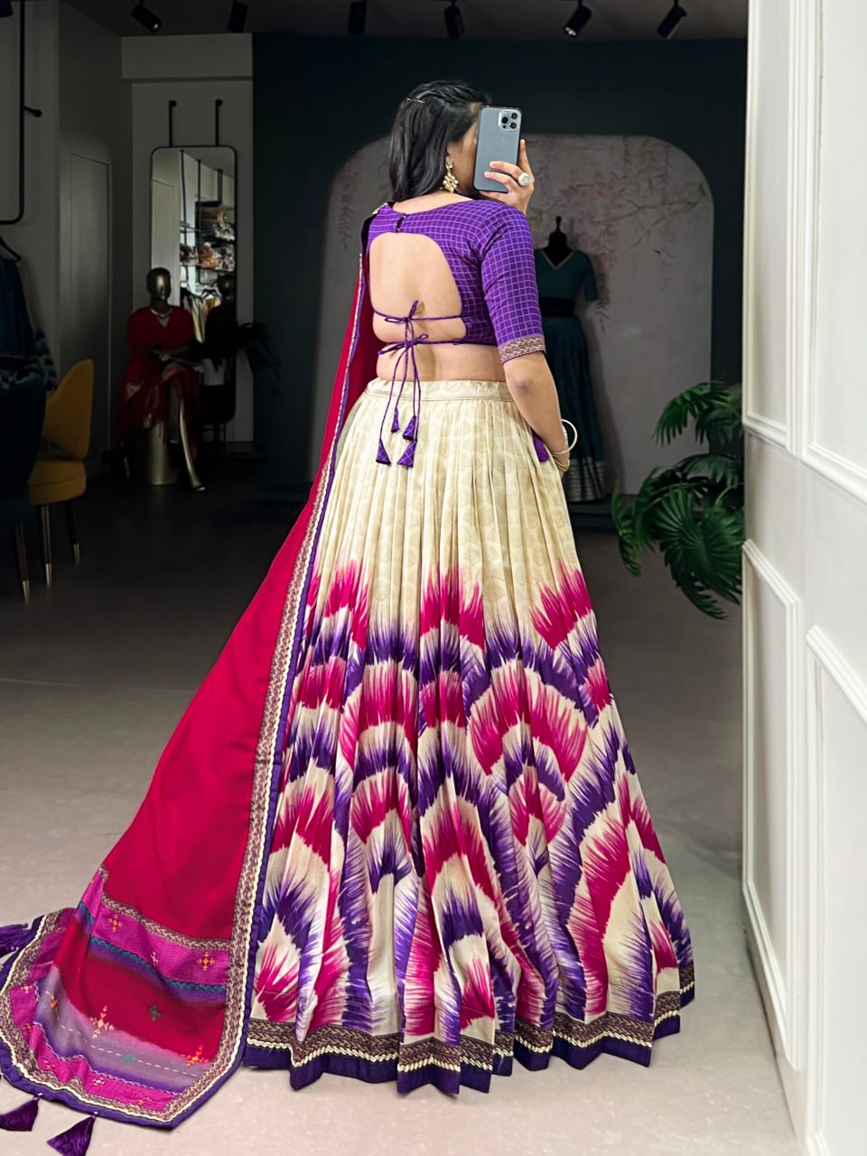 Purple and Cream Tasar Silk Tie-Dye Print Lehenga Choli with matching Dupatta