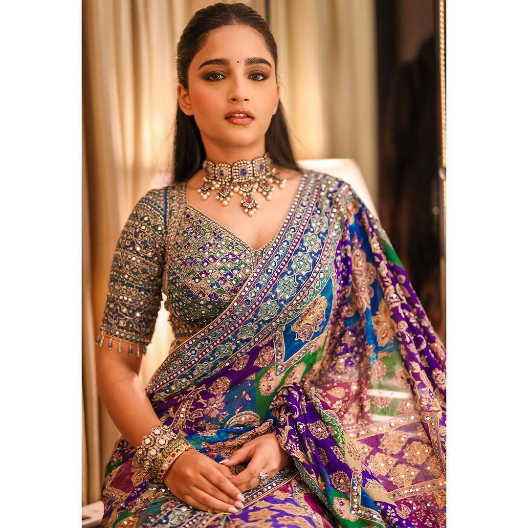 Purple Chinon Silk Digital Print Saree with Matching Designer Blouse