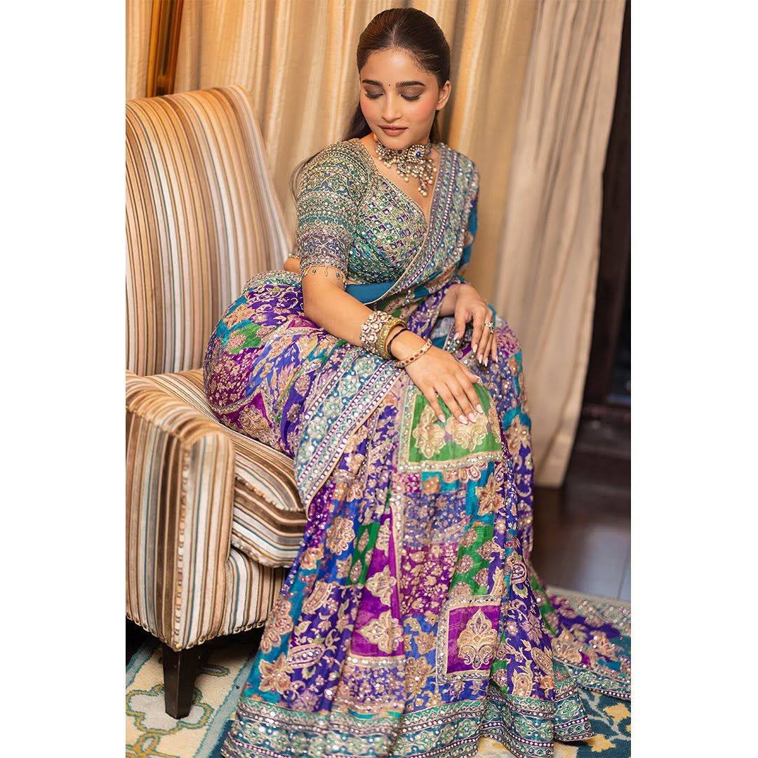 Purple Chinon Silk Digital Print Saree with Matching Designer Blouse