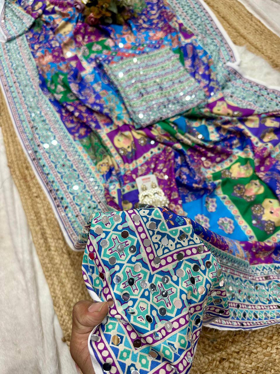 Purple Chinon Silk Digital Print Saree with Matching Designer Blouse