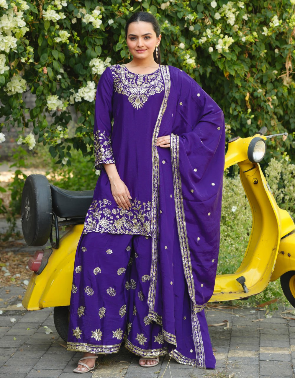 Purple Designer Chinon Embroidery Sharara Suit and Dupatta For Party Wear