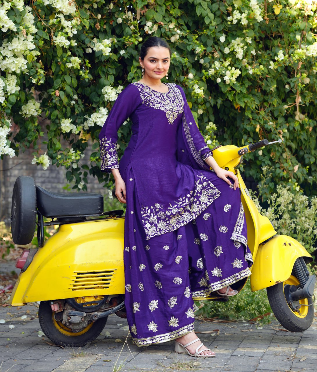 Purple Designer Chinon Embroidery Sharara Suit and Dupatta For Party Wear