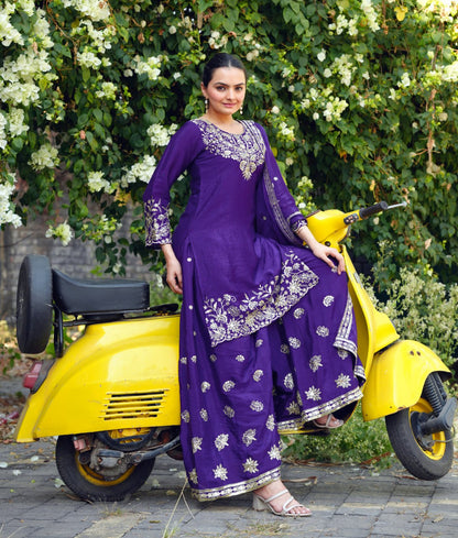 Purple Designer Chinon Embroidery Sharara Suit and Dupatta For Party Wear