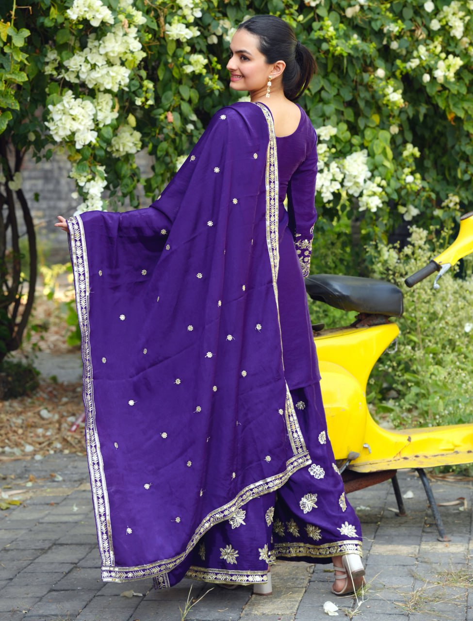 Purple Designer Chinon Embroidery Sharara Suit and Dupatta For Party Wear