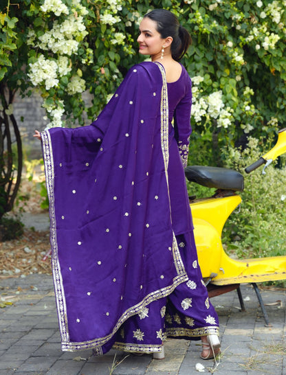 Purple Designer Chinon Embroidery Sharara Suit and Dupatta For Party Wear