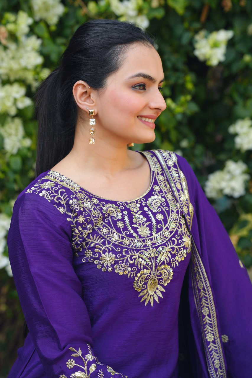 Purple Designer Chinon Embroidery Sharara Suit and Dupatta For Party Wear