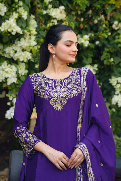 Purple Designer Chinon Embroidery Sharara Suit and Dupatta For Party Wear