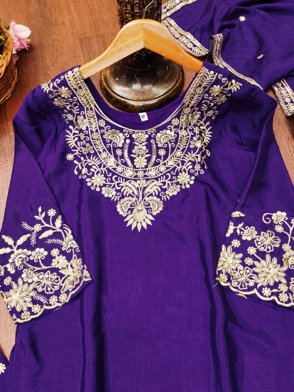 Purple Designer Chinon Embroidery Sharara Suit and Dupatta For Party Wear