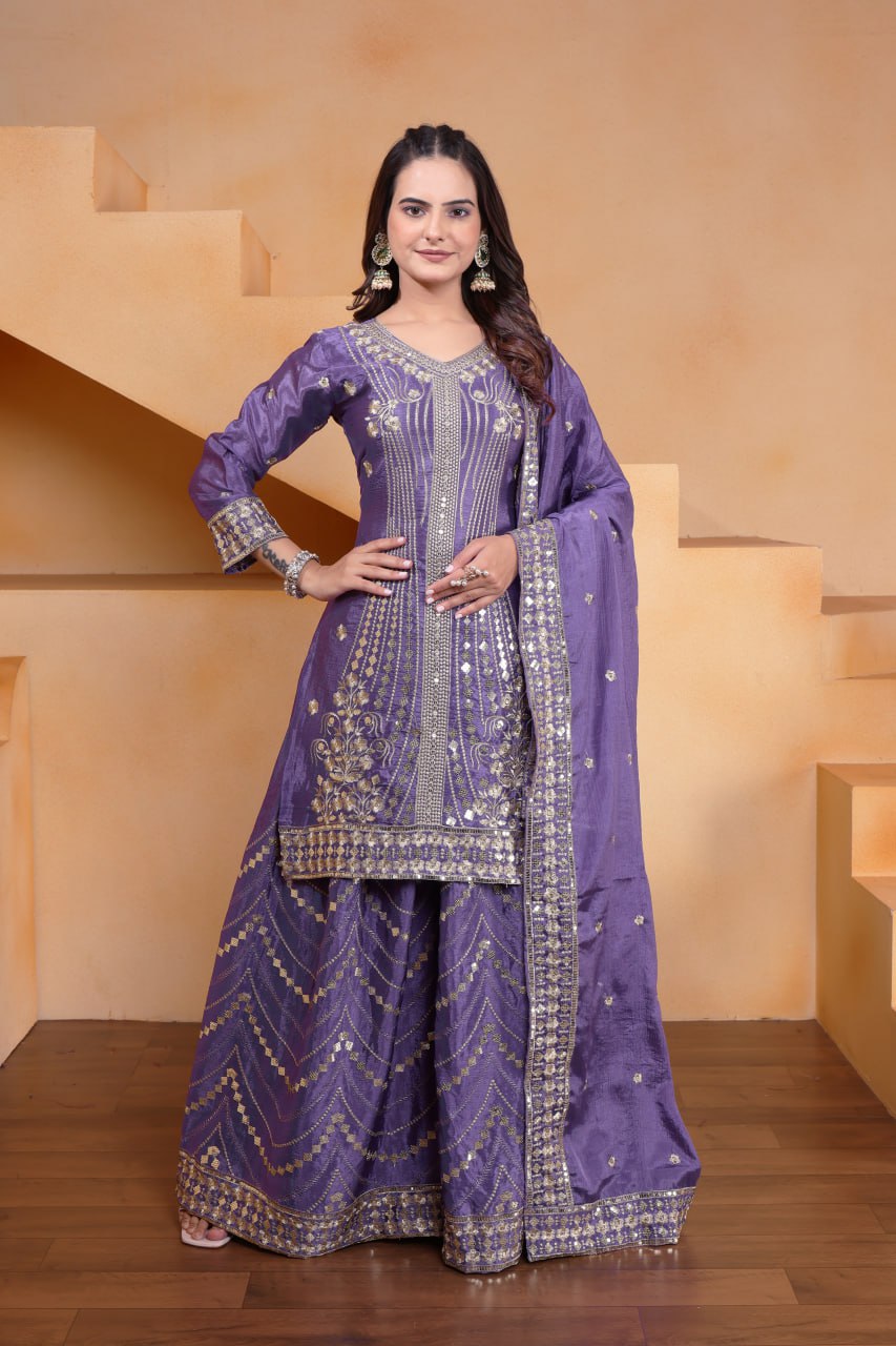 Purple Designer Chinon Silk Embroidery Sharara Suit and Matching Dupatta