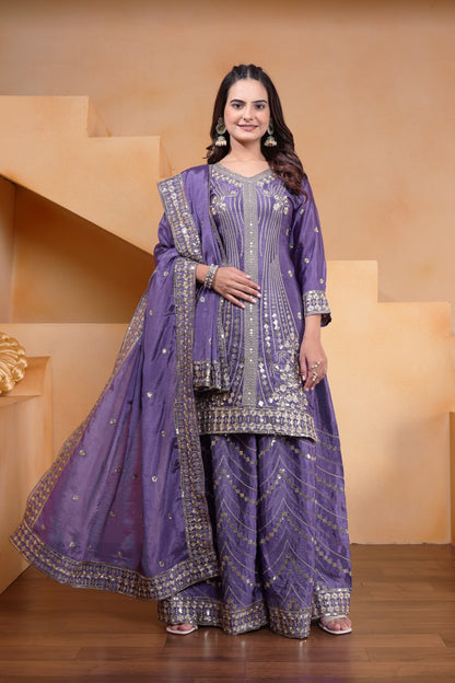 Purple Designer Chinon Silk Embroidery Sharara Suit and Matching Dupatta