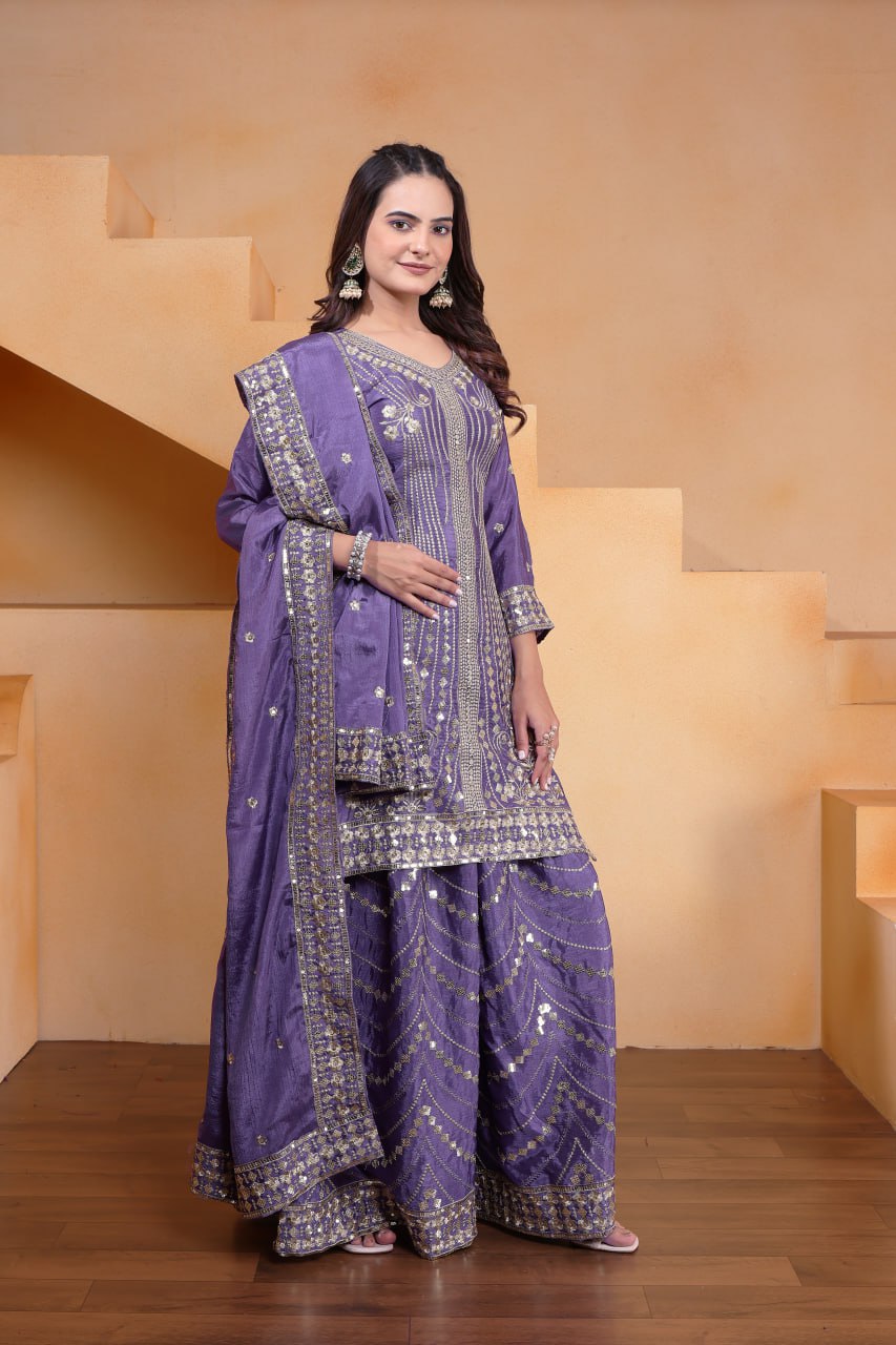 Purple Designer Chinon Silk Embroidery Sharara Suit and Matching Dupatta
