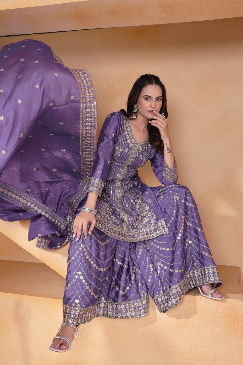 Purple Designer Chinon Silk Embroidery Sharara Suit and Matching Dupatta