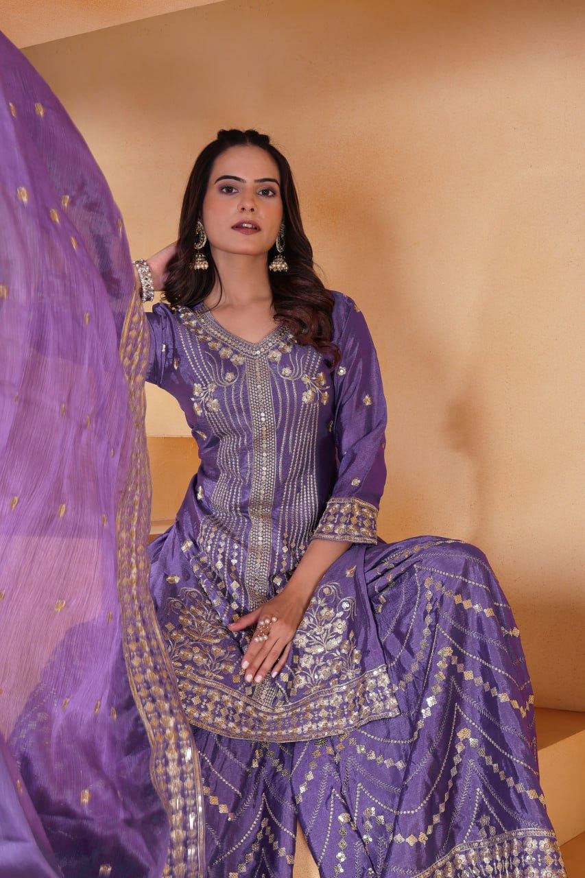 Purple Designer Chinon Silk Embroidery Sharara Suit and Matching Dupatta