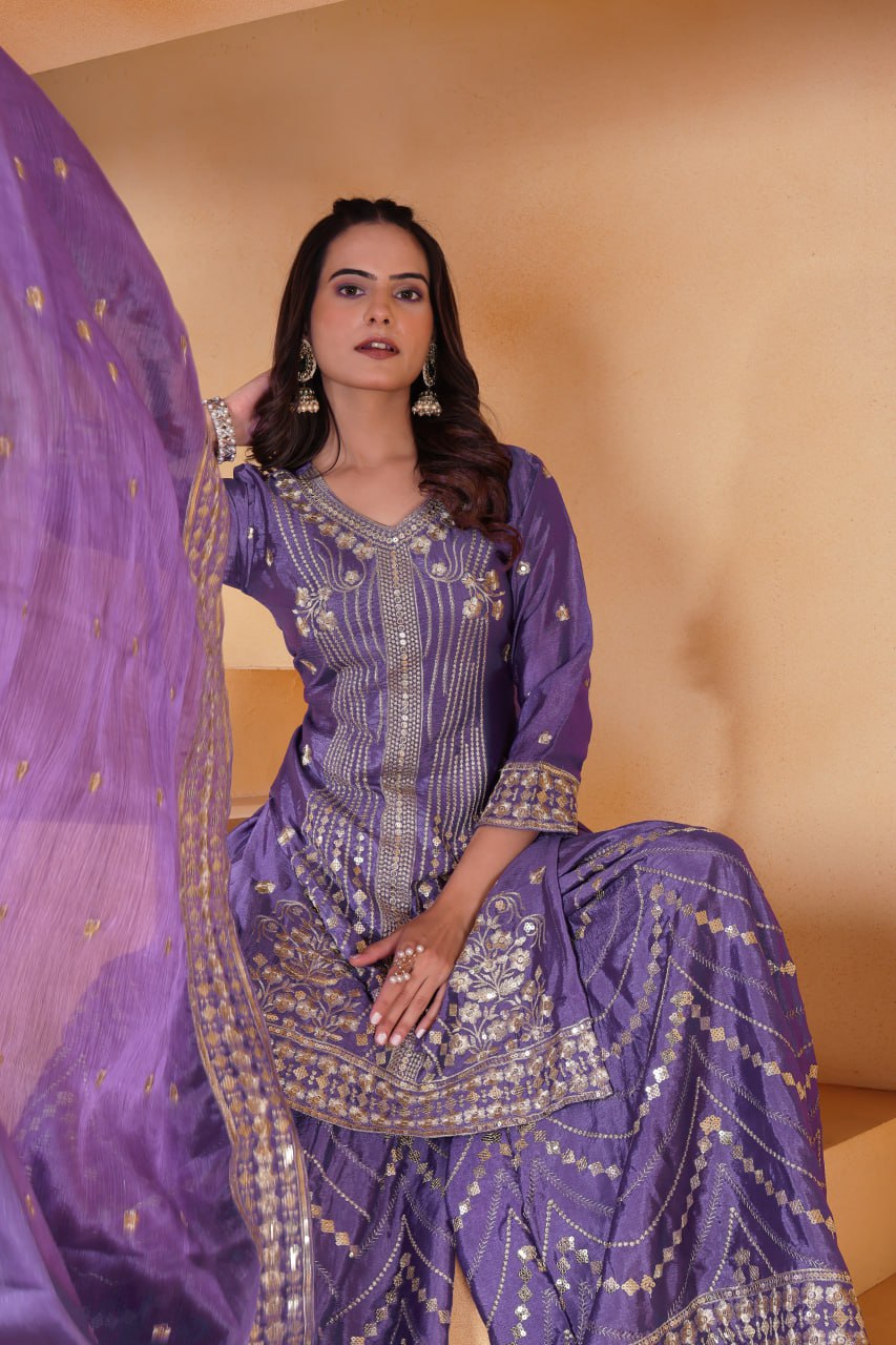 Purple Designer Chinon Silk Embroidery Sharara Suit and Matching Dupatta