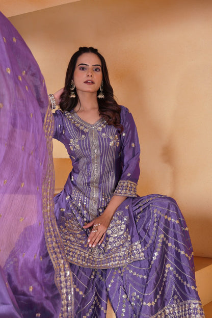 Purple Designer Chinon Silk Embroidery Sharara Suit and Matching Dupatta