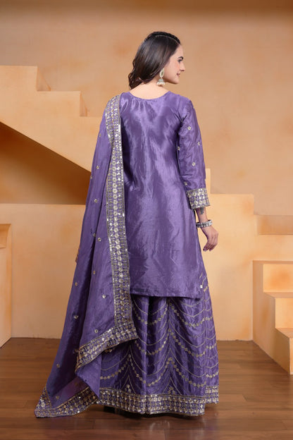 Purple Designer Chinon Silk Embroidery Sharara Suit and Matching Dupatta
