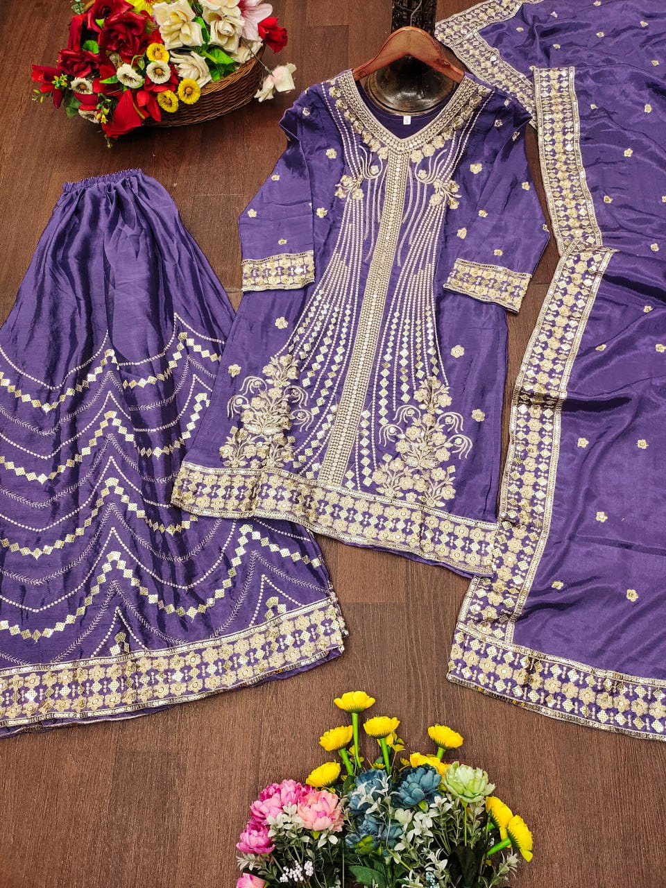 Purple Designer Chinon Silk Embroidery Sharara Suit and Matching Dupatta