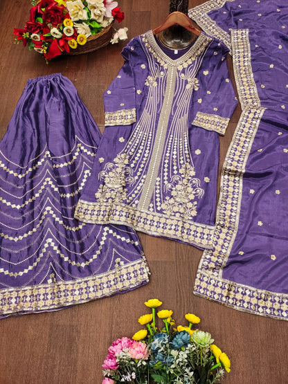Purple Designer Chinon Silk Embroidery Sharara Suit and Matching Dupatta