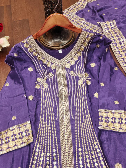 Purple Designer Chinon Silk Embroidery Sharara Suit and Matching Dupatta