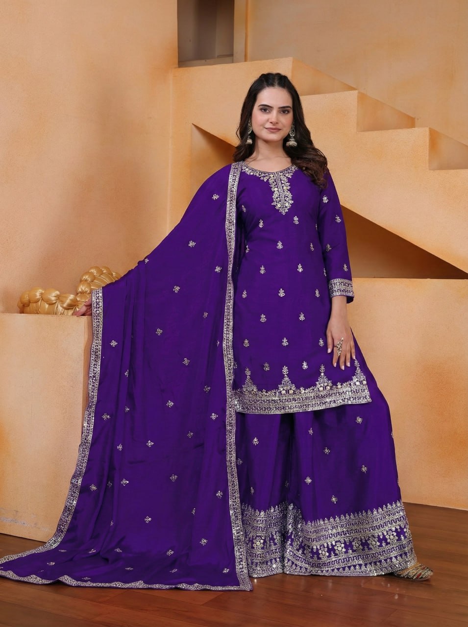 Purple Designer Chinon Silk Embroidery Sharara Suit Set and Dupatta