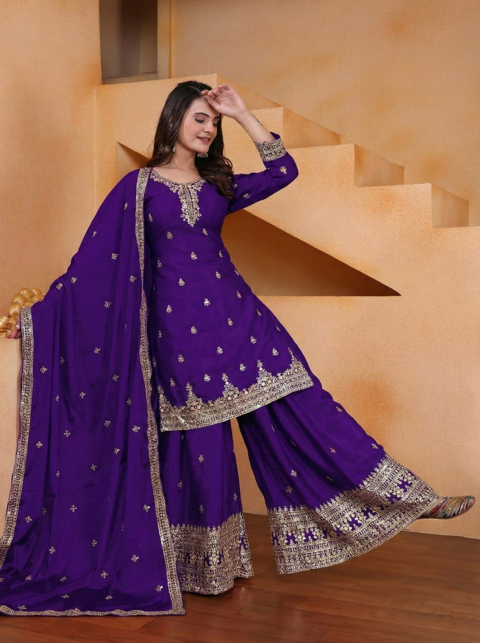Purple Designer Chinon Silk Embroidery Sharara Suit Set and Dupatta