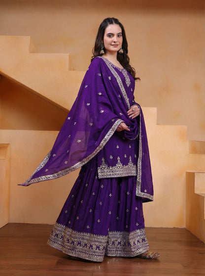Purple Designer Chinon Silk Embroidery Sharara Suit Set and Dupatta