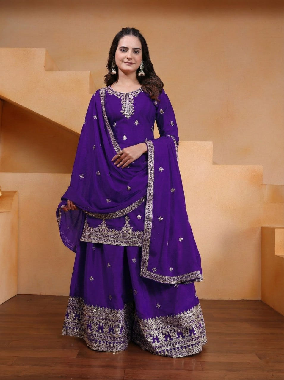 Purple Designer Chinon Silk Embroidery Sharara Suit Set and Dupatta