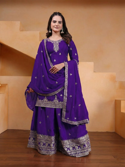 Purple Designer Chinon Silk Embroidery Sharara Suit Set and Dupatta