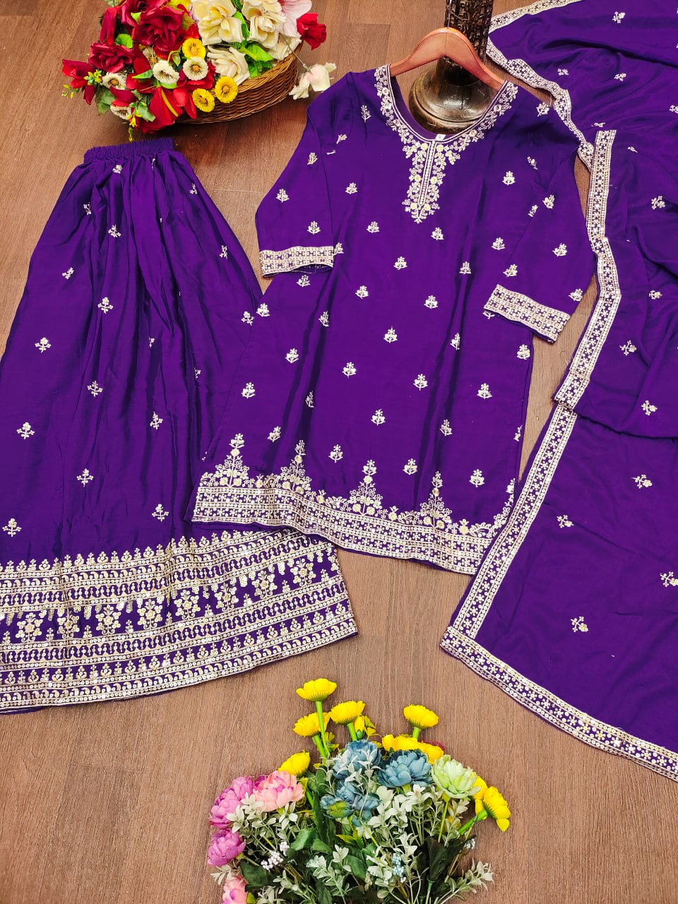 Purple Designer Chinon Silk Embroidery Sharara Suit Set and Dupatta
