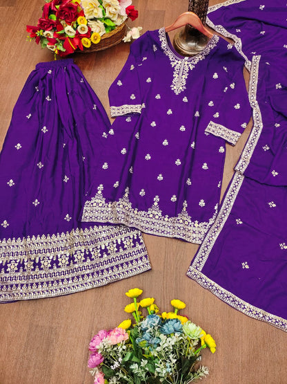 Purple Designer Chinon Silk Embroidery Sharara Suit Set and Dupatta
