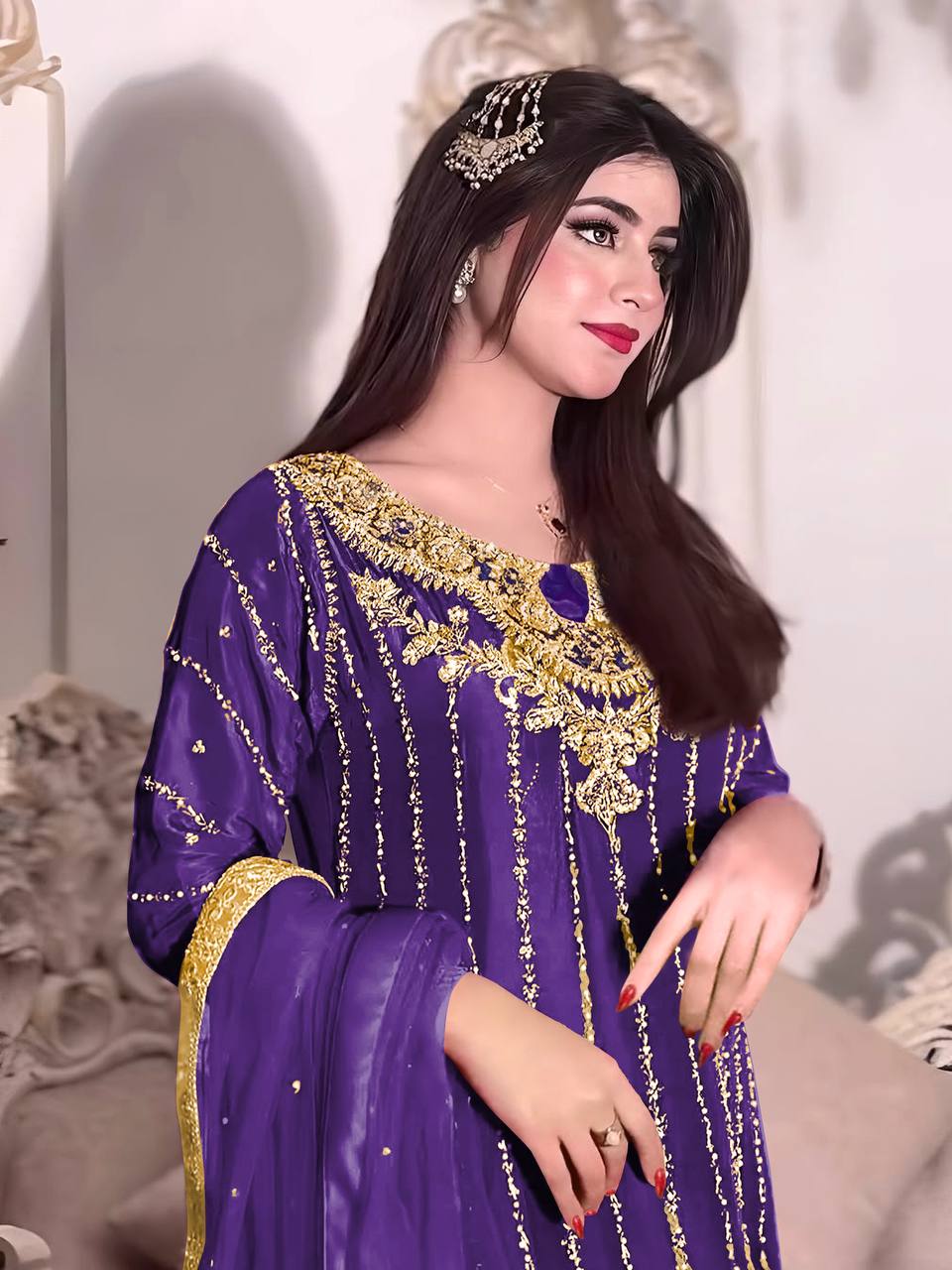 Purple Designer Chinon Silk Plazzo Long Top and Dupatta For Party Wear