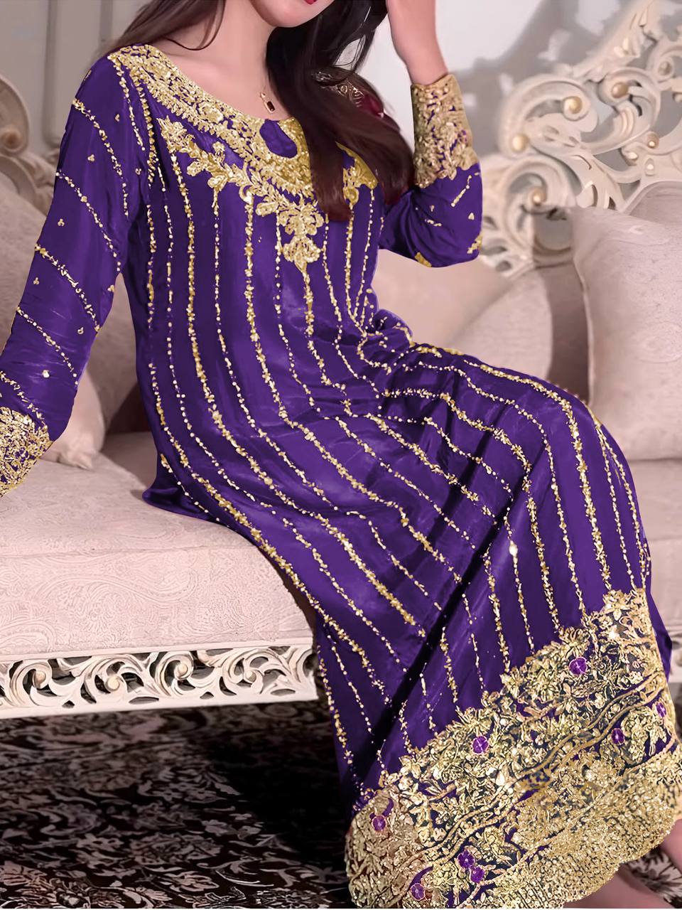 Purple Designer Chinon Silk Plazzo Long Top and Dupatta For Party Wear