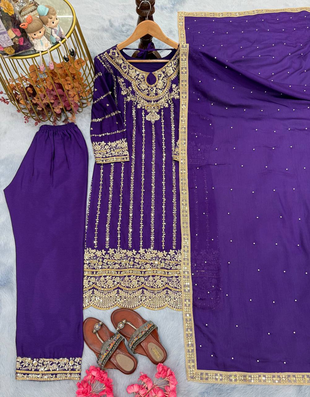 Purple Designer Chinon Silk Plazzo Long Top and Dupatta For Party Wear