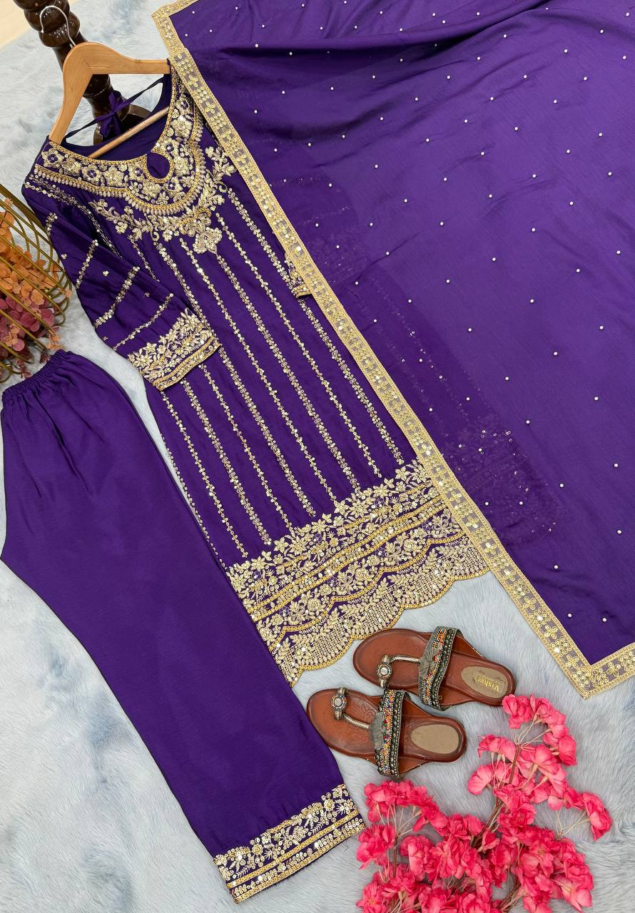 Purple Designer Chinon Silk Plazzo Long Top and Dupatta For Party Wear