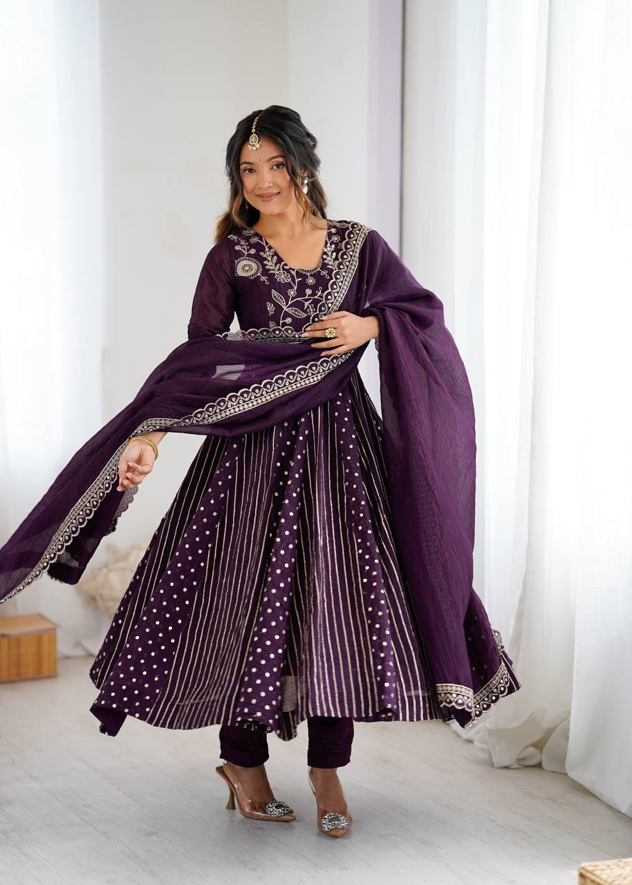 Purple Designer Crunchy Silk Embroidered Anarkali Gown and Dupatta