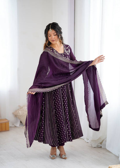 Purple Designer Crunchy Silk Embroidered Anarkali Gown and Dupatta