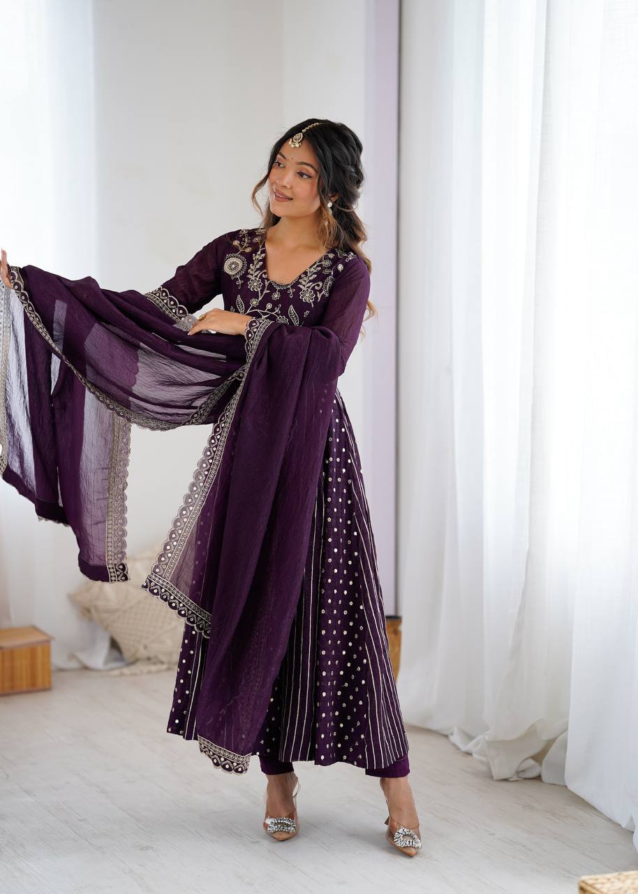 Purple Designer Crunchy Silk Embroidered Anarkali Gown and Dupatta