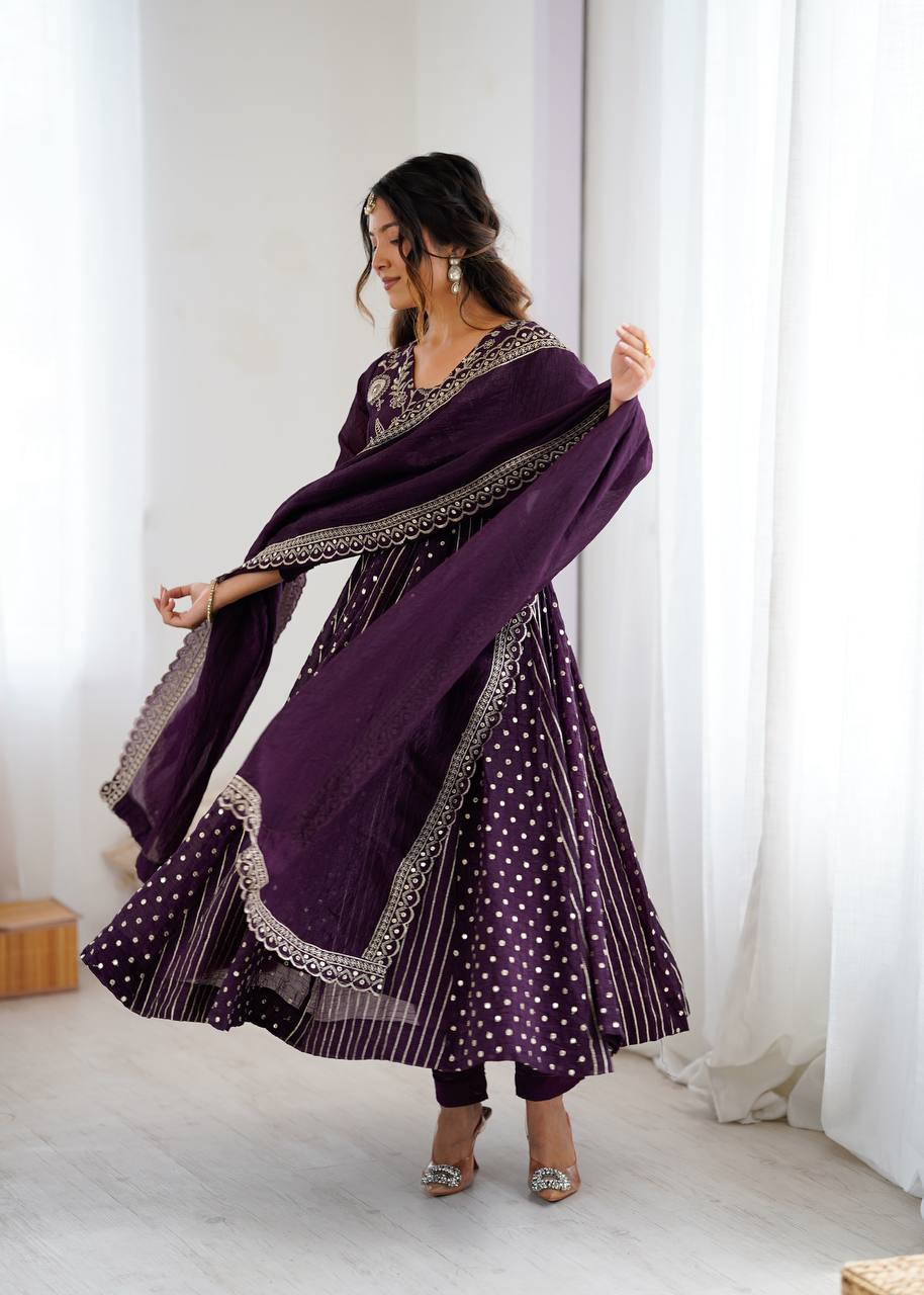 Purple Designer Crunchy Silk Embroidered Anarkali Gown and Dupatta