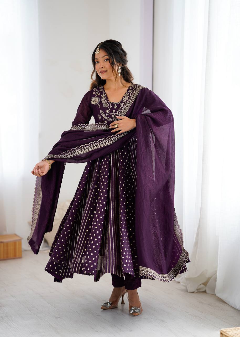 Purple Designer Crunchy Silk Embroidered Anarkali Gown and Dupatta