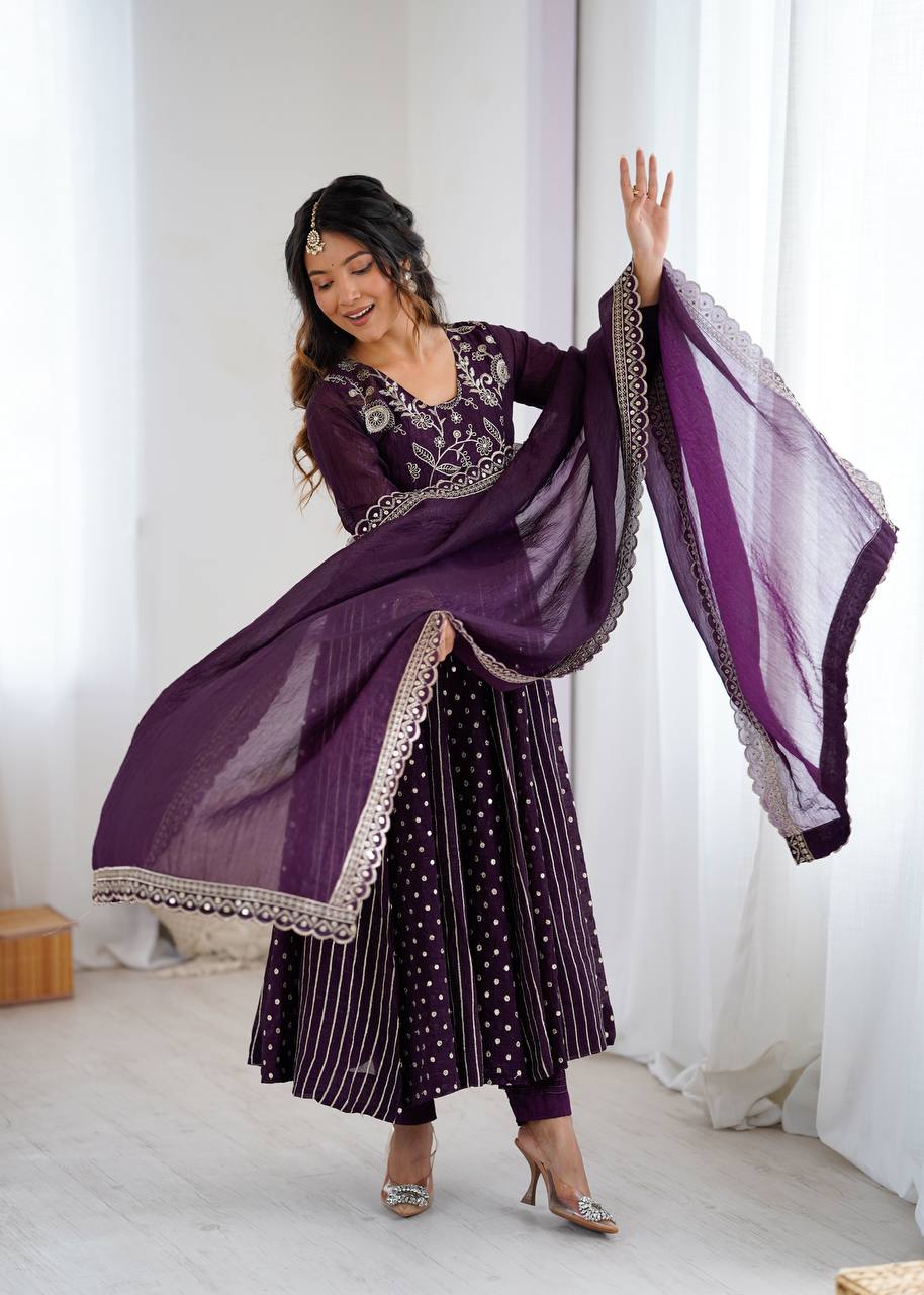 Purple Designer Crunchy Silk Embroidered Anarkali Gown and Dupatta