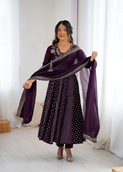 Purple Designer Crunchy Silk Embroidered Anarkali Gown and Dupatta