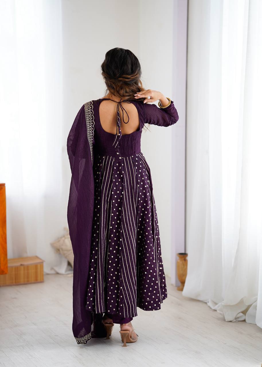 Purple Designer Crunchy Silk Embroidered Anarkali Gown and Dupatta