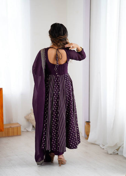 Purple Designer Crunchy Silk Embroidered Anarkali Gown and Dupatta
