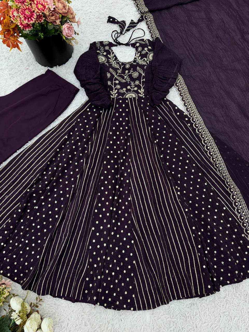 Purple Designer Crunchy Silk Embroidered Anarkali Gown and Dupatta