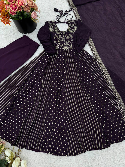 Purple Designer Crunchy Silk Embroidered Anarkali Gown and Dupatta