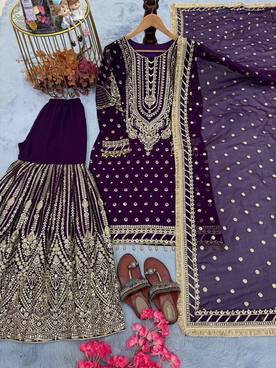 Purple Designer Faux Georgette Embroidered Top and Plazzo & Dupatta